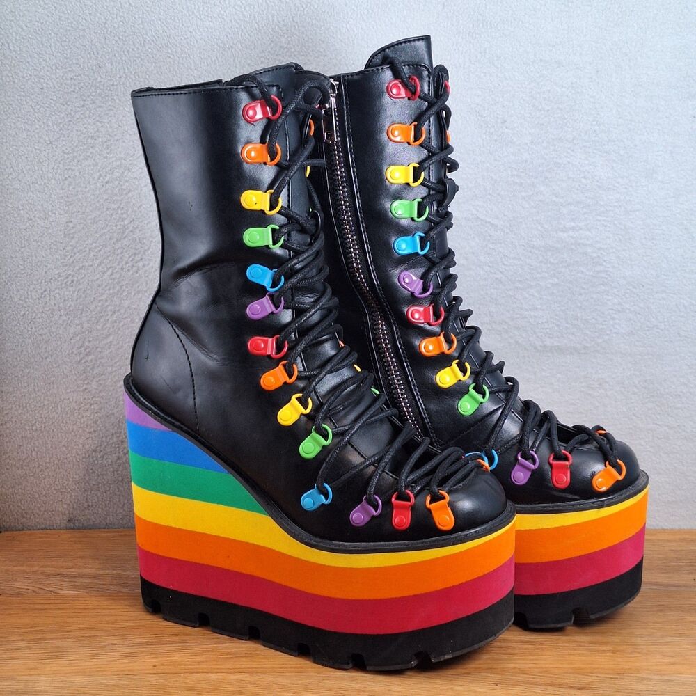 Club Exx Dolls Kill Women's 8 Lisa Lace-Up Platform Boots Rainbow Pride LGBTQ